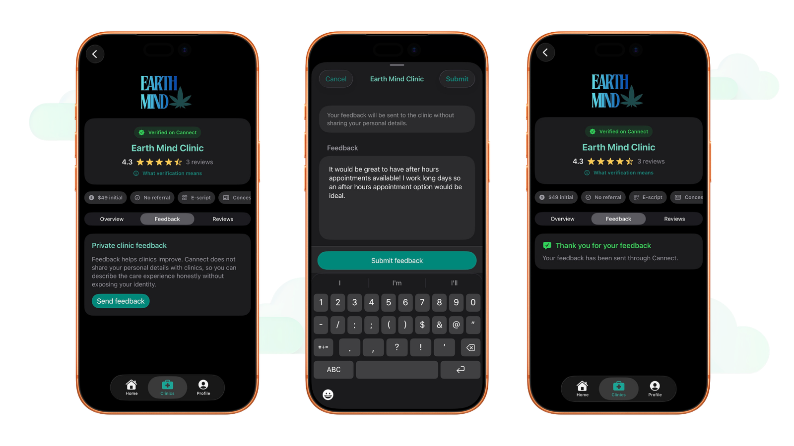 Cannect app screens showing private clinic feedback and submission confirmation.