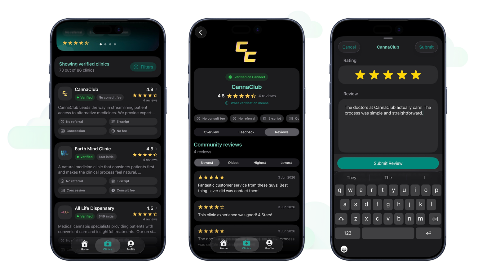 Cannect app screens showing clinic reviews and review submission.