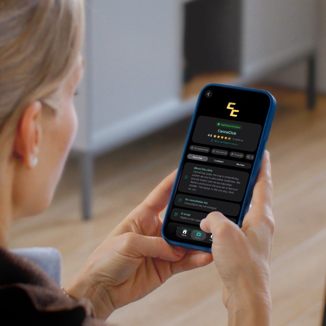 Person viewing a verified clinic profile in the Cannect app.
